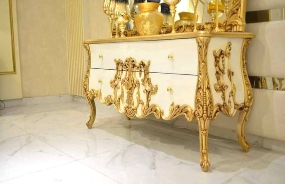 Choniti Classic Royal Bedset – Complete King Size Bedroom Set | Handmade Carving | White + Classic Gold Finish | RRF